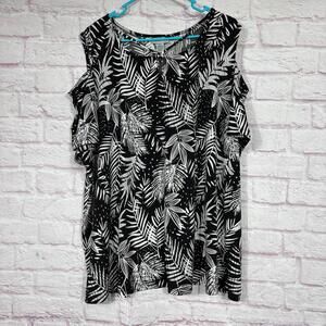 Catherine's 2X Black White Leaf Print Cold Shoulder Blouse